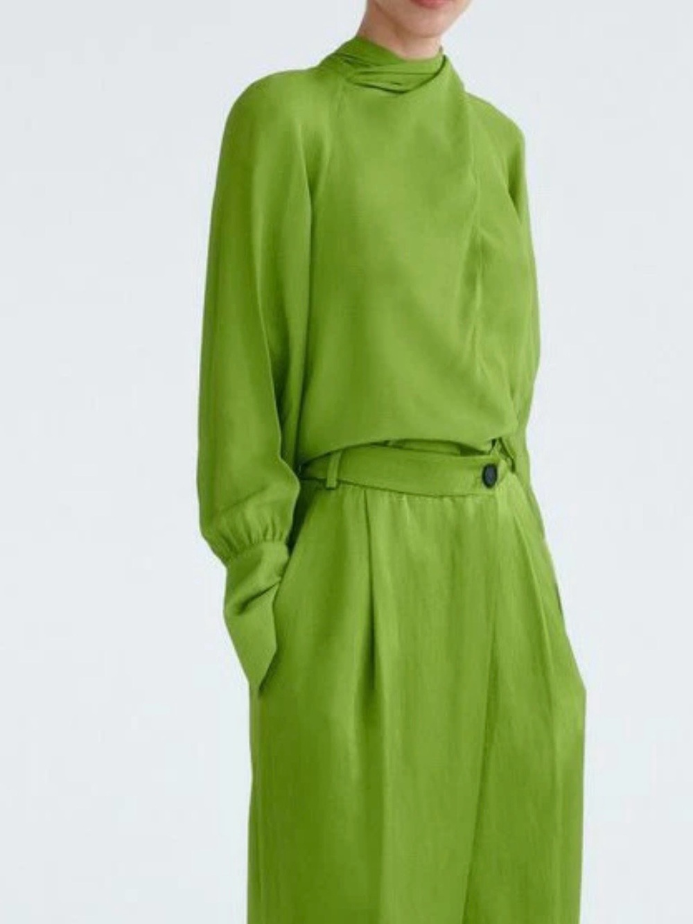 Zara Bright Lime Green Chic Contemporary Balloon-Sleeve Blouse Women’s Medium - Picture 2 of 12